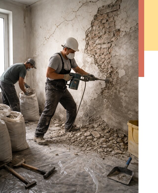 Демонтаж штукатурки со стен в Конаково от 7299 руб/м² — быстро и недорого | ОТДЕЛОЧНИК-Кнк