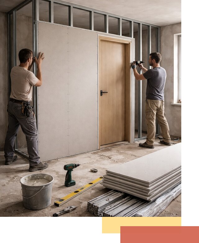 Перегородка из гипсокартона с дверью под ключ в Конаково