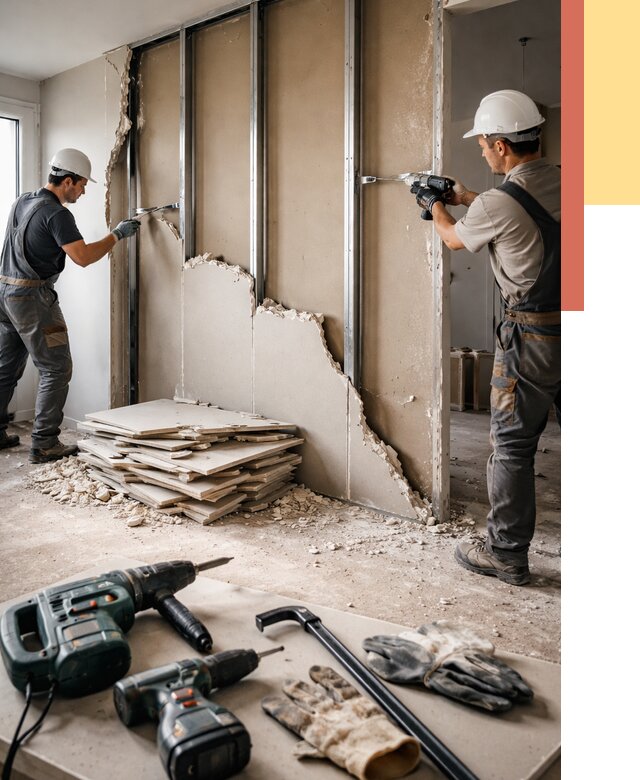 Демонтаж перегородки из гипсокартона в Конаково от 1216 руб. быстро и недорого | ОТДЕЛОЧНИК-Кнк