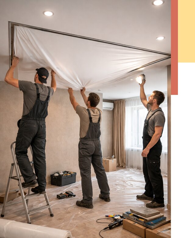 Монтаж ПВХ натяжного потолка в Конаково от 3548 руб. под ключ | ОТДЕЛОЧНИК-Кнк