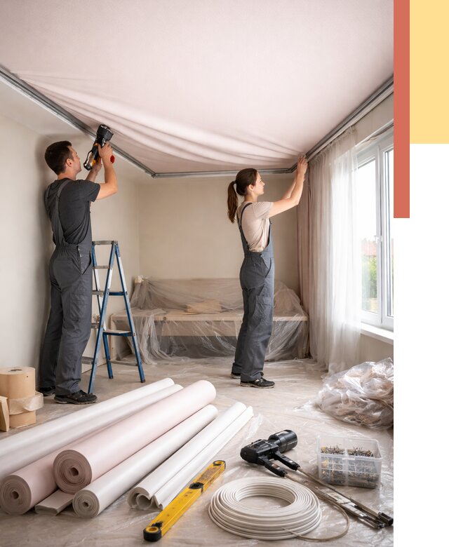 Монтаж цветного натяжного потолка в Конаково от 4258 руб/м² — быстро и недорого | ОТДЕЛОЧНИК-Кнк