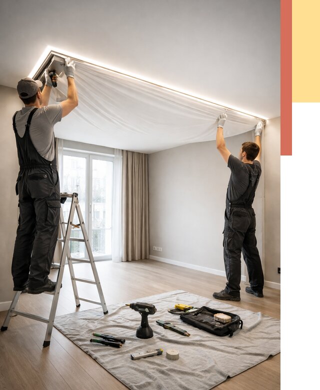 Монтаж парящего натяжного потолка в Конаково от 4562 руб. быстро и недорого | ОТДЕЛОЧНИК-Кнк