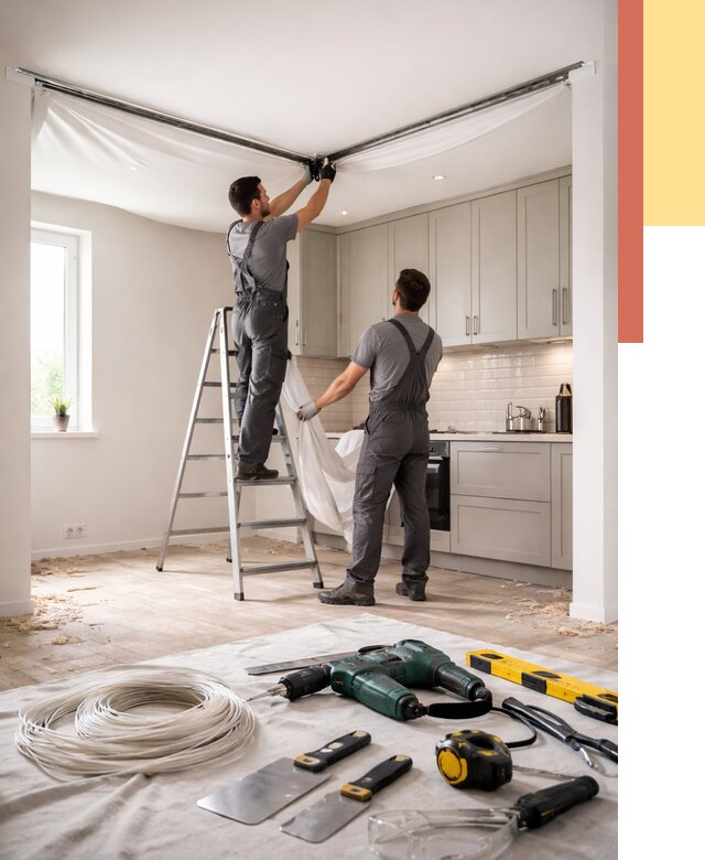 Установка натяжного потолка на кухне в Конаково от 2433 руб. | ОТДЕЛОЧНИК-Кнк