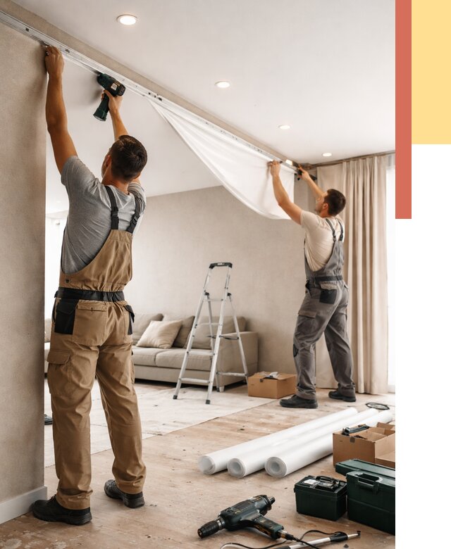 Монтаж натяжного потолка в гостиной в Конаково от 558 руб. | ОТДЕЛОЧНИК-Кнк