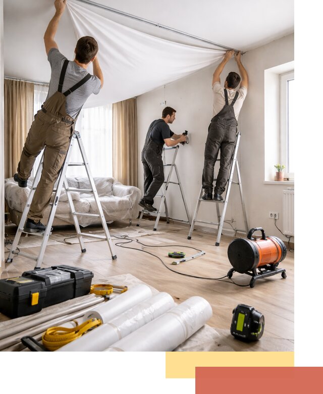 Монтаж натяжного потолка в гостиной в Конаково