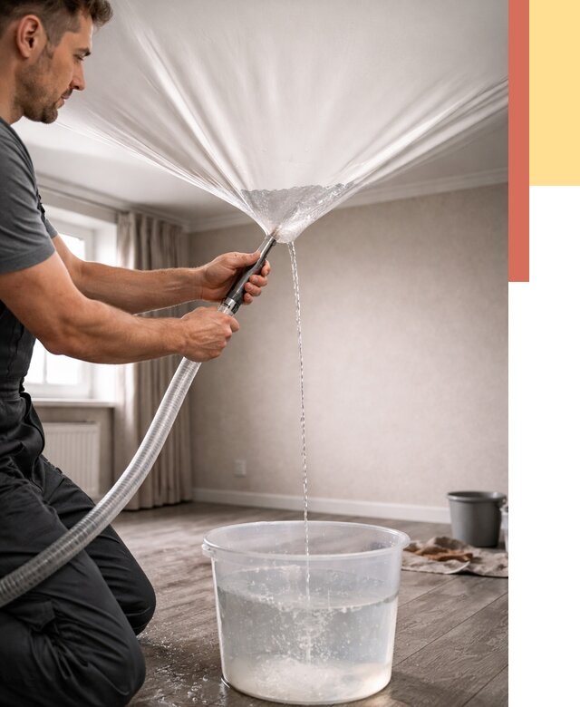 Слив воды с натяжного потолка в Конаково от 2534 руб. быстро и недорого | ОТДЕЛОЧНИК-Кнк