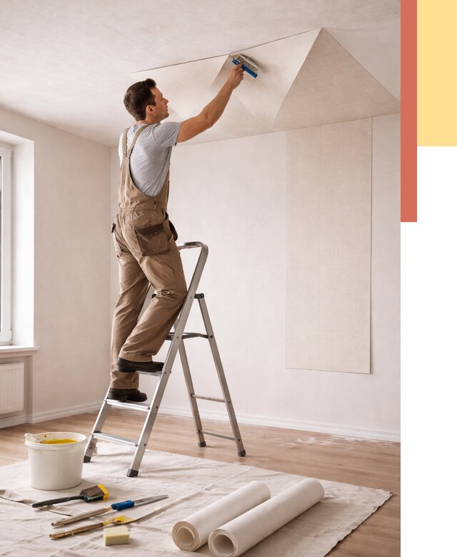 Поклейка обоев на потолок в Конаково от 4562 руб. быстро и недорого | ОТДЕЛОЧНИК-Кнк